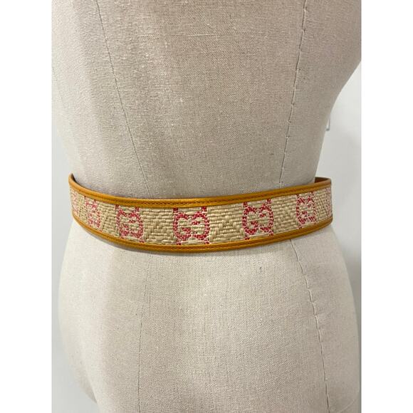 Gucci GG Marmont G Print Raffia Straw Wide Belt 90 Tan Pink Yellow - Picture 13 of 16